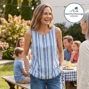 beachlunchlounge Blue and White Striped Tank Top with side button detail